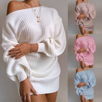 Clothing Sweater Casual Off Shoulder Lantern Sleeve Knitted Sweater Dress