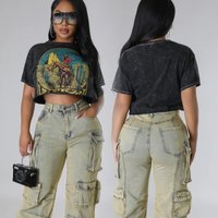 fashion hot selling round neck printed short sleeved high waist T shirt