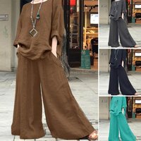 Clothing Casual Loose Solid Cotton Linen Shirt Long Sleeved Pants Suit Two Piece Suit