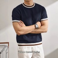 Men's Clothing Slim Fit Short Sleeve Knit Sweater Color Block Striped Ice Silk Breathable Business Style Korean Style