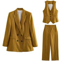 Women's Clothing Linen double-breasted women's blazer + vest and vest + linen straight pants suit