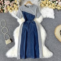 Short-sleeved splicing denim dress for women summer waist slimming temperament casual long skirt