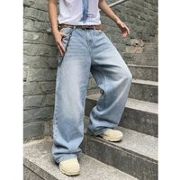 Retro Wide Leg Jeans Trendy Washed Straight Casual Trousers Loose Fitting Solid Style