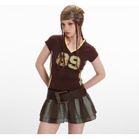 Women's V-Neck Short Sleeve T-Shirt With Contrast Print - Slim Fit, Retro Style, Summer Casual Top