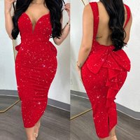 Clothing Elegant Pure Hip Wrapped Backless Deep V High Waist Bow Elastic Slit Dress