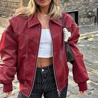 Clothing autumn winter jacket personality street contrast stitching jacket lapel long sleeve zipper leather jacket