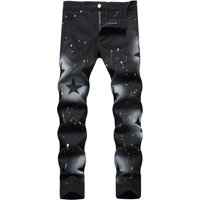 Slim Fit Stretch Denim Jeans Star Print Splatter Effect Edgy Urban Streetwear Pants Versatile Streetwear Essential 