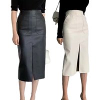 "Women's Slim Fit Leather A-Line Skirt With High Slit, Autumn Fashion Staple, European & American Style, Versatile For Casual & Office Wear"