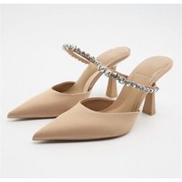 2025 Summer Large Shoes Casual Water Diamond Pointed Toe Wrapped Thin High Heel Slippers