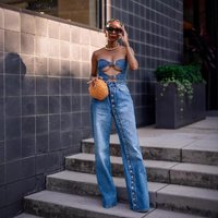 High Waisted Button Fly Jeans – Raw Hem Distressed Denim Pants Loose Fit Streetwear Style 