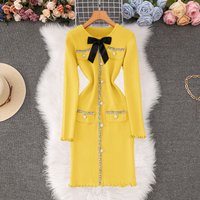 Elegant Bow-Knot Knit Dress With Ruffled Hem & Long Sleeves – Slim Fit Winter Short Dress For Women (Yellow/White/Black/Red, S/M/L/XL)