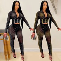 sexy tight mesh see through long sleeve iron drill two pantsuits