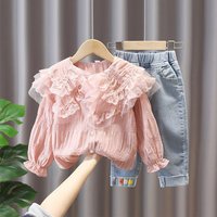 Mother& cute big lapel lace top jeans set