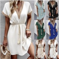 Women’s Clothing Solid Color Short Sleeved Lace V Neck Waist Dress