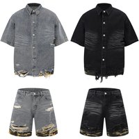 Men's Clothing Fashion Cut Edge Stitching Leopard Print Denim Short Sleeves Casual Five Point Denim Jacket Loose Short Sleeves Denim Shorts