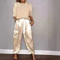 Clothing smooth satin half sleeved top pants suit two piece set