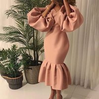 plus fashion solid V neck bubble long sleeve fishtail dress
