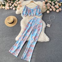 off shoulder puff sleeve short top design print high waist wide leg pants two piece suit