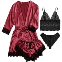 European American Sexy Pajamas 4 Piece Lace Satin Suspender Suit Female Home Clothes Nightgown Nightdress