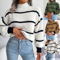 clothing Real shot autumn winter casual striped lantern sleeve half turtleneck knitted sweater clothing