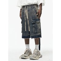 Men's Clothing High Street Zipper Raw Edge Side Pocket Work Shorts Washed Distressed Ribbon Loose Denim Shorts Men