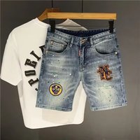 Clothing Distressed Denim Shorts Embroidery & Splatter Design Stretchable Casual Streetwear Mid Length Cargo Shorts 