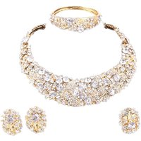 African Beads Gold Plated Shinning Flower Crystal Necklace Earrings Bangle Ring Jewelry Set