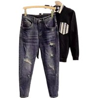 Men's Clothing Autumn Washed Blue Jeans Ripped Patches Slim Fit Slim Fitting Versatile Trousers