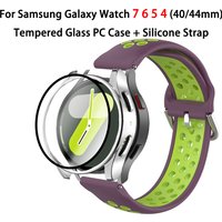 Silicone Band Case Samsung Galaxy Watch 7 6 5 4 Breathable Sports Strap Galaxy 7 40MM 44MM Tempered Glass Bumper Cover