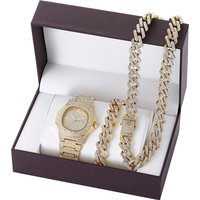 Full Diamond Set Men's Quartz Watch Necklace Bracelet Calendar Watch Party Jewelry Set Unisex Glittering Diamond Accessory