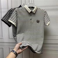 Summer Clothing Shirt Fashion Brand Striped Embroidery Short Sleeve Lapel Top Large Trendy T Shirt