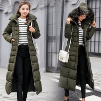 Winter style lace up long cotton coat Korean version over knee thickened warm hooded solid large fur collar Warm jacket cotton coat