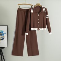 Clothing Striped Contrast Knitted Cardigan Suit Spring V Neck Top Coat High Waist Wide Leg Pants Two Piece Suit
