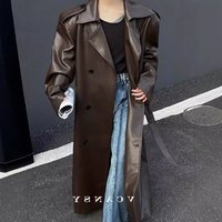 Vintage-Inspired Long PU Leather Trench Coat For Women - Stylish Faux Leather Overcoat With Lapel Collar, Black & Dark Brown, S/M/L