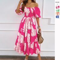 Clothing elegant printed one shoulder puff sleeve fashionable swing dress