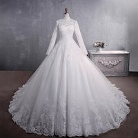 European American Lace 2026 Bride Stand Collar Sleeve Long Train Plus Muslim Wedding Dress