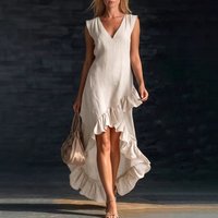 Fashionable Romantic Sleeveless V Neck Ruffled Hem Cotton Linen Long Dress