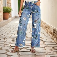 Clothing Printed Denim Wide Leg Pants – Straight Cut Casual Trousers Floral Embroidery