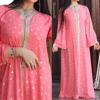 Boho Chic Pink Gold-Embroidered Maxi Dress – Floral Print Ethnic Tunic Dress For Women, Lightweight Polyester Blend, S-XXL