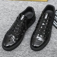 Casual Shoes Men's Hundred Sneakers Crocodile Leather Low Top Glossy Pure Black Board Shoes