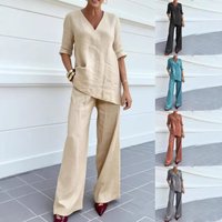 Autumn Casual Cotton Linen Top Straight Leg Trousers Set mid Sleeve V Neck Solid European American Style