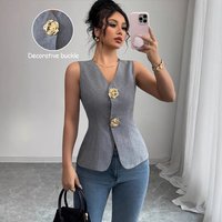 Sleeveless Vest Solid Summer Outerwear Elegant Style Button Detail Slim Fit Commute