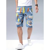 Denim Shorts Holes Randomly Painted Mid Length Shorts Craft Shorts Straight Leg Worn out Pants