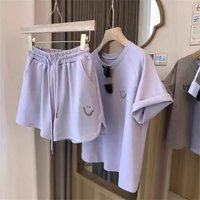  Casual Smiley Print Short Sleeve T Shirt & Shorts Set Loose Fit Korean Style Summer Outfit