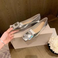 Women's Elegant Soft Leather Flat Shoes Silver Rhinestone Square Toe Low Cut Spring Style for Commuters
