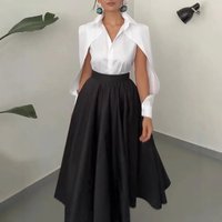 Women's Clothing Ladies Trendy Lapel Long Sleeve Hollow Solid Color Dress Two Piece Set