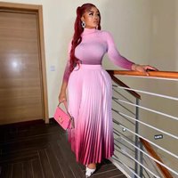 Women's Clothing Pleated Gradient Large Size Two Piece Suit Casual Round Neck Long Sleeved Top + Elegant Gradient Long Skirt