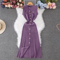 Women's Clothing Waist Dress Round Neck Hook Flower Single Breasted Hollow Swing Sleeveless