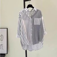 Women's Clothing Single Pocket Color Matching Vertical Striped Shirt Women Literary Loose Casual Shirt