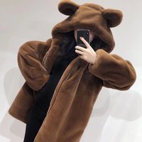 Clothing hooded loose cute bear ears thick fur plush mid length coat